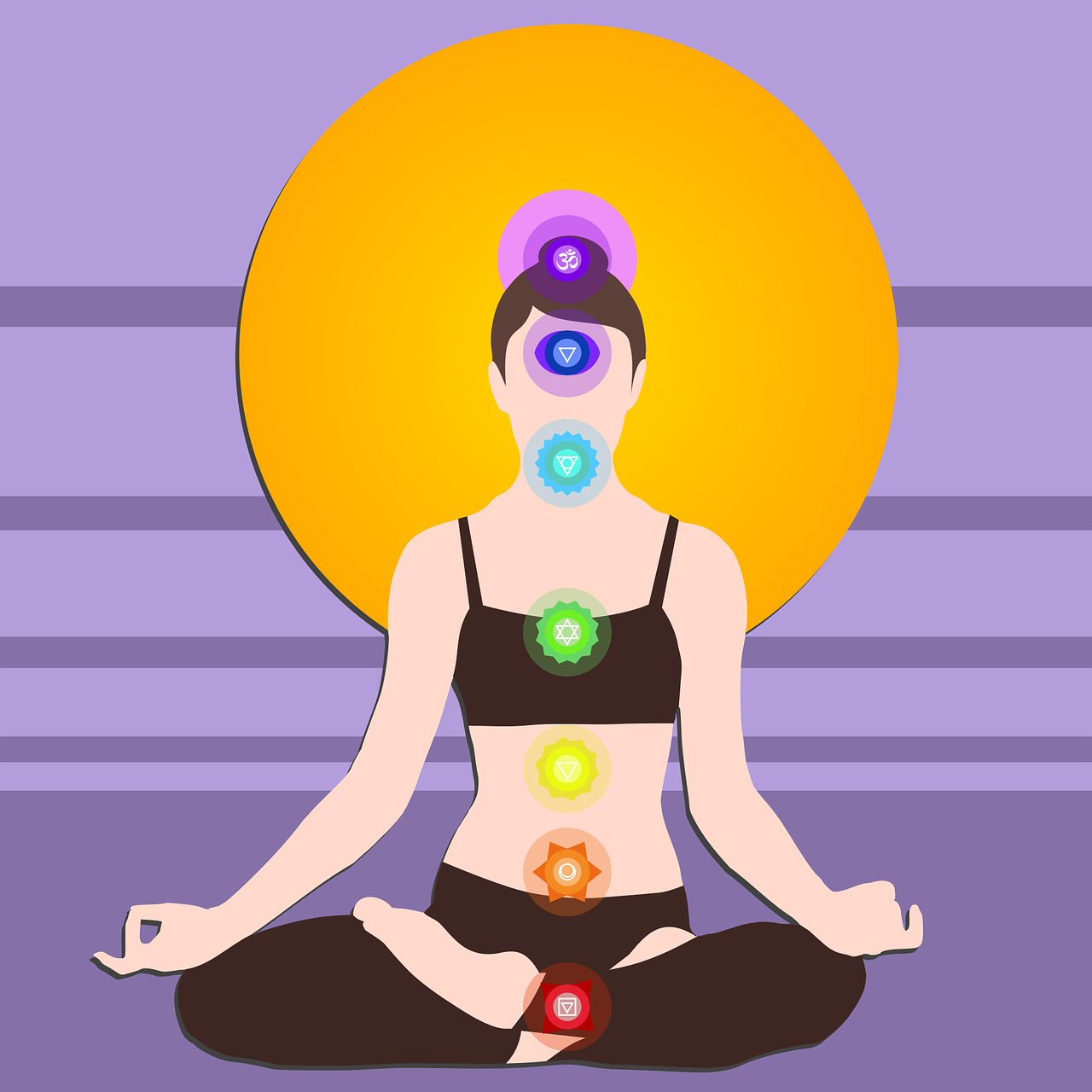 Illustration d'une femme assise avec les différents chakra