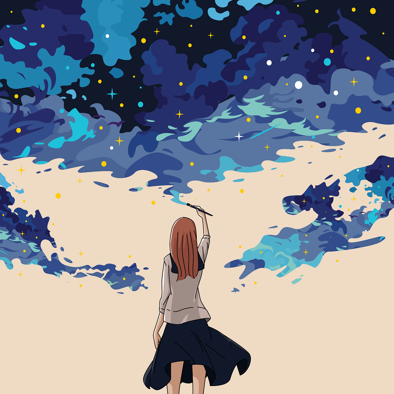 Illustration montrant une fille peignant dans le ciel étoilé
