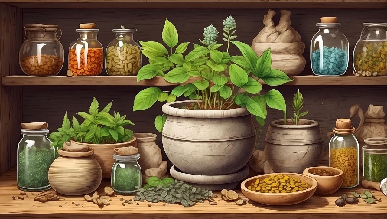 Illustration montrant des plantes et flacons d'herboriste